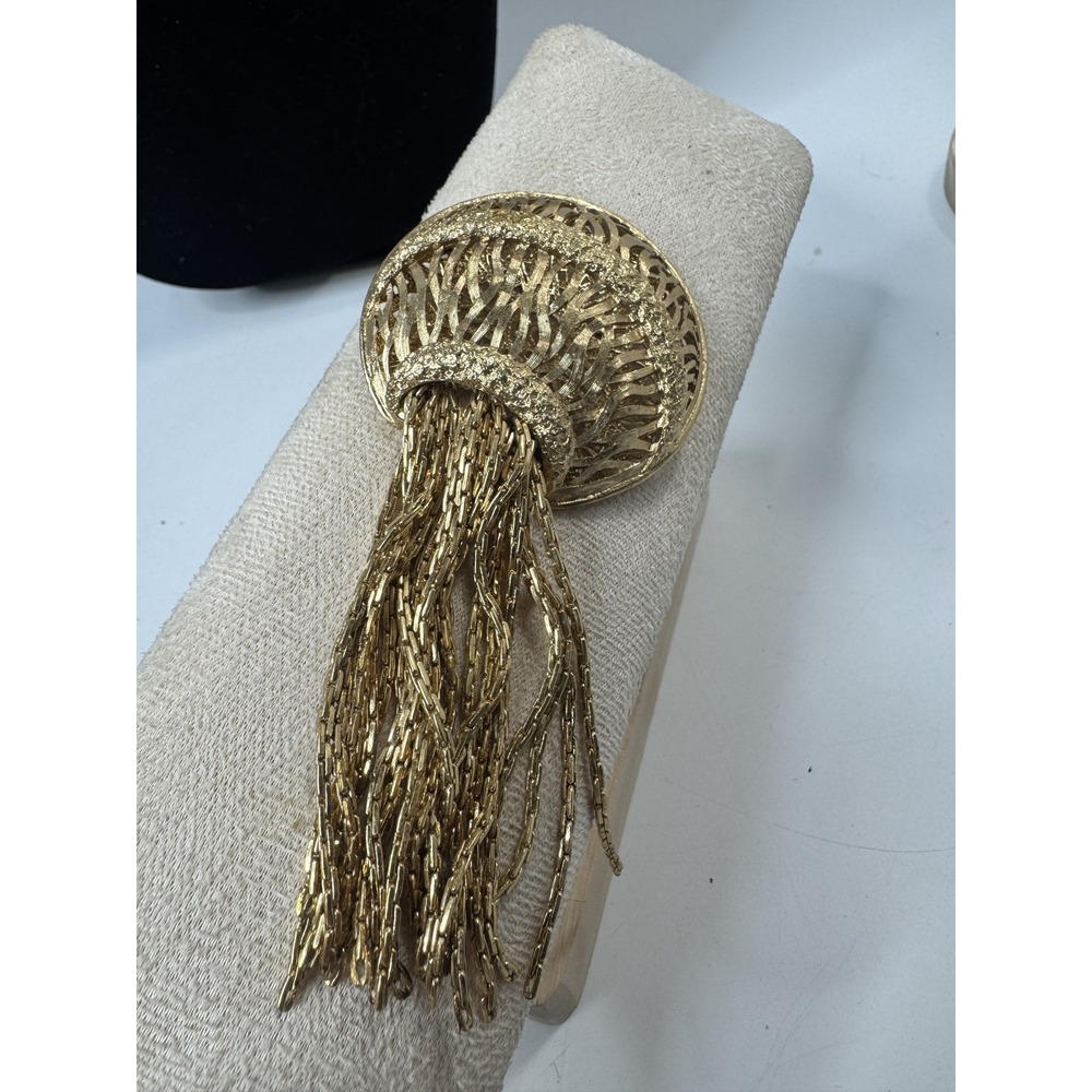 Vintage Monet Gold Tone Tassel Brooch Jellyfish Basketweave Statement Pin